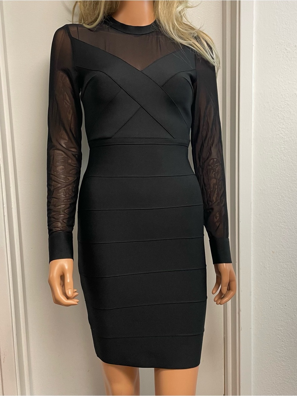Black Haley Mesh Bondage Long-Sleeve Sheer Panel Bodycon Dress Size S